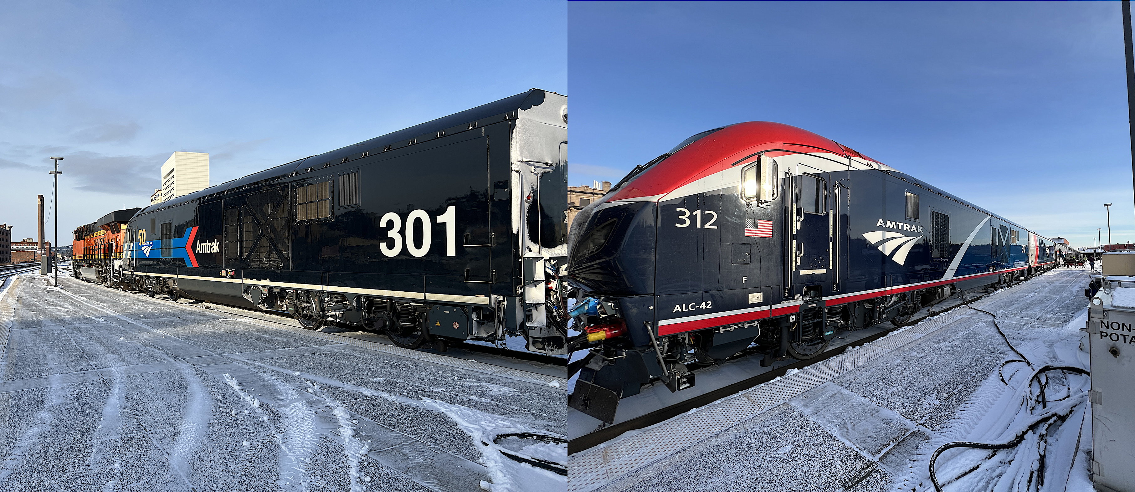 Zwei Bilder, nebeneinander montiert. Links die alte Burlington Northern Lok und eine neuere Amtrak-Maschine. Rechts Bild, die zwei neueren, eigentlich seit Chicago zum Zug gehörenden Maschinen von Amtrak