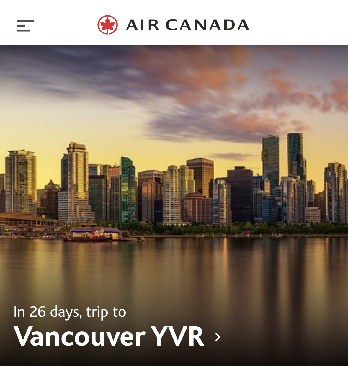 Ansicht aus der Air Canada App, zeigt die Skyline von Vancouver