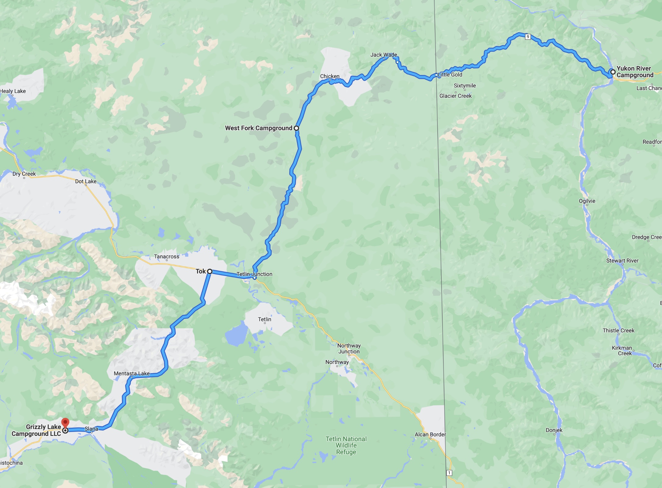 Kartenabschnitt der befahrenen Route auf Google Maps