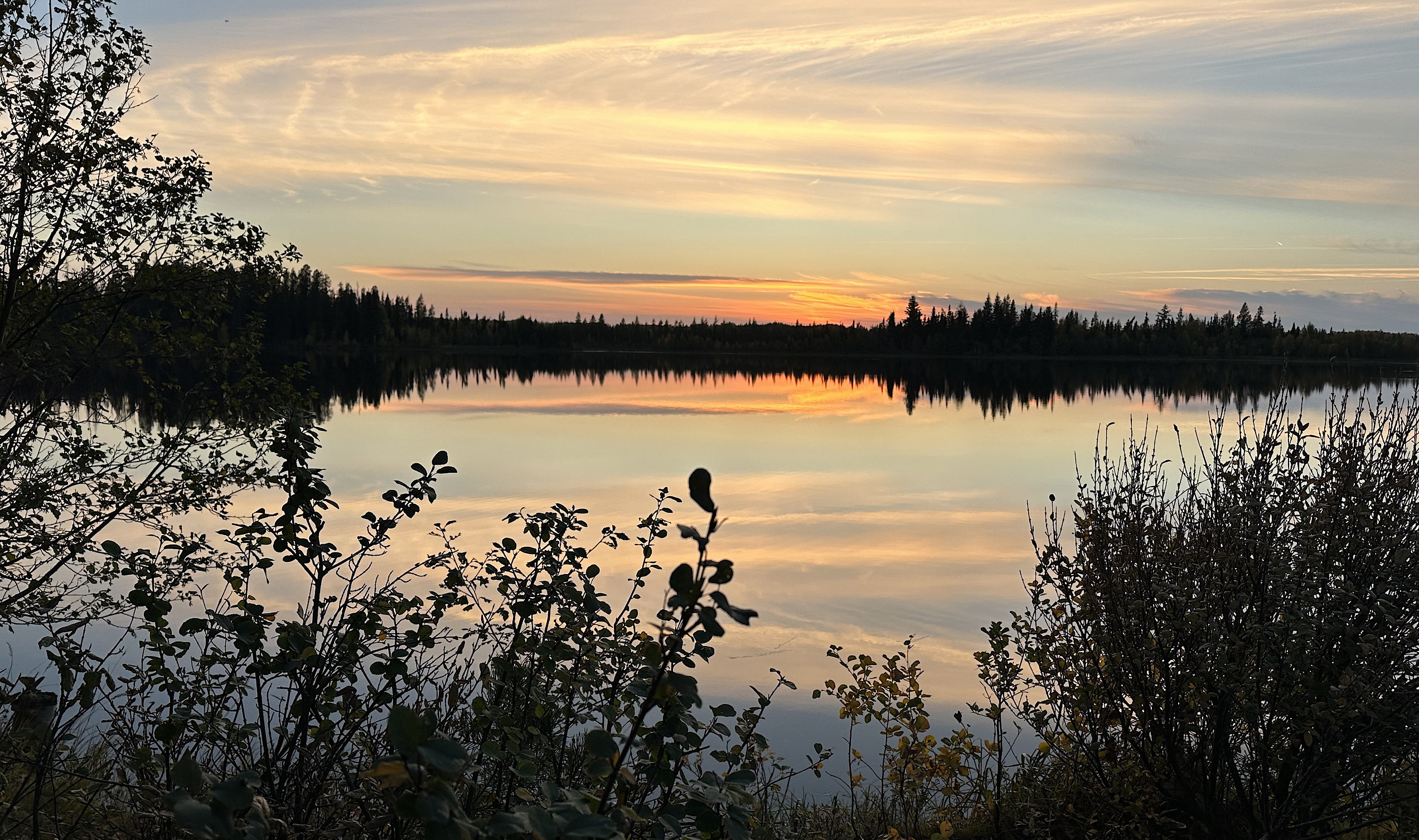 Ole's Lake bei Sonnenuntergang. Die Oberfläche ist spiegelglatt. Das Sonnenlicht manifestiert sich in einem orangen tiefen Schein am Horizont. Die Bäume wirken wie Scherenschnitte