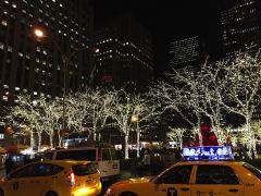 Weihnachtsbeleuchtung an den Bäumen bei der W 50th Street / Ecke 6. Avenue