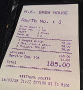 Rechnung der Konsumation im Hong Kong Brew House