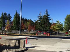 Herbstfarben an den Blättern der Bäume vis-à-vis des Hampton Inn